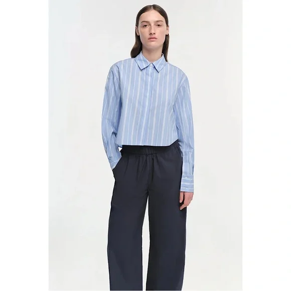 Simkhai Renata Cropped Button Down Shirt Wide Oxford Blue Stripe LARGE - Picture 1 of 6